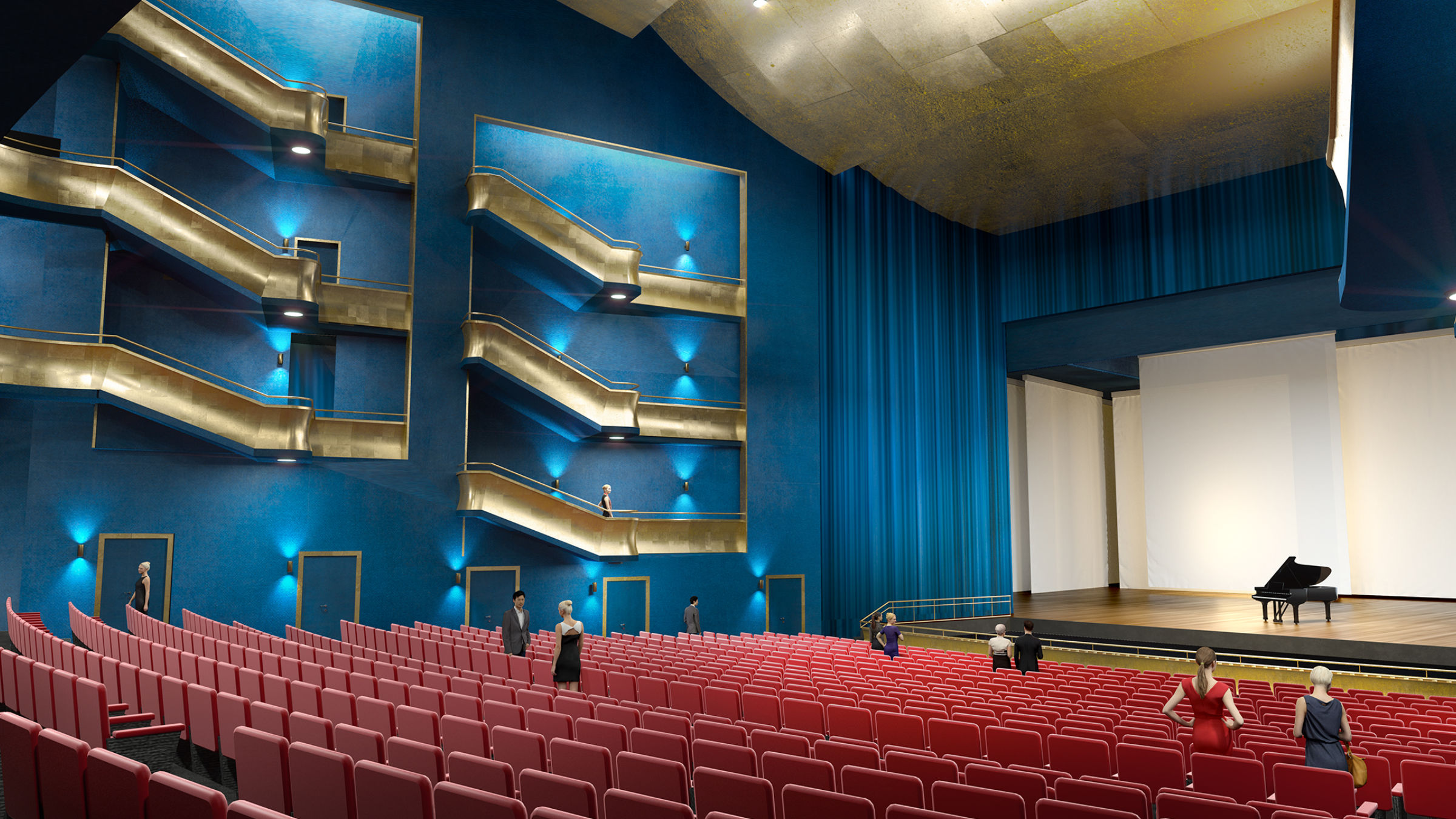 Visualisierung des Opernsaals der neuen Oper Frankfurt mit Blick auf die Bühne